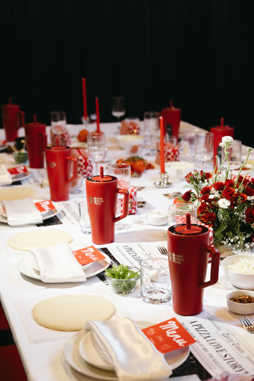 The full crimson tablescape for the Simple Simon's Pizza launch dinner